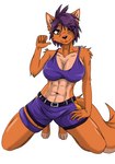 abs anthro athletic athletic_anthro athletic_female athletic_wear big_breasts bottomwear bra breasts clothing exposure_variation female fur gym_bottomwear hair midriff navel orange_body orange_fur purple_hair solo sports_bra underwear spike_the_furry the_adventures_of_kincaid kincaid canid canine canis mammal wolf hi_res