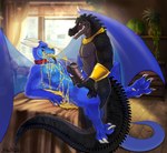 absurd_res anthro armor bed black_body black_penis black_sclera black_tongue blue_body bodily_fluids bracers branded collar crocodile crocodilian crocodylid dragon duo frottage furniture genital_fluids genitals handjob hi_res horn kemet_(levarath) male male/male mythological_creature mythological_scalie mythology penile penis red_eyes reptile scalie sex spines tail tongue tongue_out twitch_(twitch) urine urine_in_mouth urine_on_bed urine_on_chest urine_on_face urine_on_self urine_pool urine_stream watersports wings yaoifairy