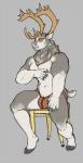 anthro antlers biceps biped blue_eyes bulge butt clothing fur hair horn jockstrap male muscular muscular_anthro muscular_male pecs simple_background sitting solo underwear yasano luxordtimet deer mammal new_world_deer reindeer hi_res