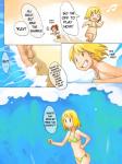 3:4 amber_eyes beach bikini blonde_hair breasts chibi clothed clothing comic dialogue duo english_text female hair human mammal not_furry open_mouth outside running sand sea seaside simple_background skimpy smile solo_focus swimwear text vu06 water wave