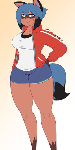 anthro big_breasts black_hair blue_bottomwear blue_clothing blue_hair blue_shorts bottomwear breasts brown_body brown_fur clothed clothing female footwear fur gradient_background hair hand_on_hip jacket looking_at_viewer multicolored_hair open_clothing open_jacket open_topwear red_clothing red_jacket red_topwear shirt shoes shorts simple_background smile solo standing teal_eyes topwear two_tone_hair white_clothing white_footwear white_shirt white_shoes white_topwear dewwydarts brand_new_animal studio_trigger michiru_kagemori canid canine mammal raccoon_dog tanuki 2020 hi_res