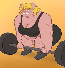 anthro belly big_breasts big_butt breasts butt exercise female hair muscular muscular_anthro muscular_female overweight overweight_anthro overweight_female smile solo weightlifting weights workout workout_clothing haxsmack jessabelle_higgins_(ophelia_sketched) domestic_pig mammal suid suine sus_(pig) hi_res