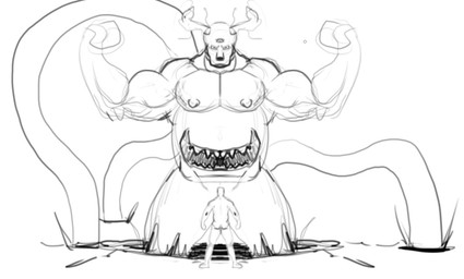 3_eyes anthro antlers belly belly_mouth corruption duo fist hole_(pit) horn macro male male/male multi_eye muscular muscular_male nipples size_difference slime teeth tentacles toothy_grin gonku asmodai_(asmodai) deer demon humanoid mammal monochrome