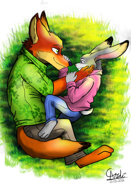 anthro clothing duo female fur grass green_clothing green_eyes green_shirt green_topwear grey_body grey_fur holding_arm holding_face holding_partner holding_snout lying male on_side orange_body orange_fur pink_clothing pink_shirt pink_topwear plant pointy_ears purple_eyes rabbit_ears romantic shirt topwear ardi127 disney zootopia judy_hopps nick_wilde canid canine european_rabbit fox lagomorph leporid mammal oryctolagus rabbit red_fox true_fox absurd_res hi_res