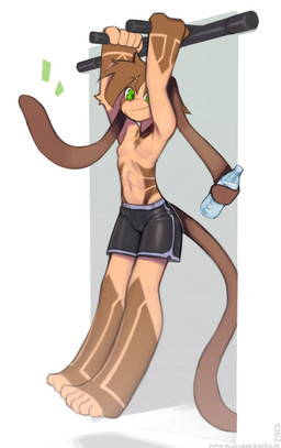 5_fingers anthro biped bottle bottomwear breasts brown_hair brown_markings camel_toe clothed clothing container featureless_breasts female fingers fur fur_markings green_eyes hair long_ears looking_at_viewer markings pants prehensile_ears shorts simple_background small_breasts smile solo tail tan_body tan_fur topless topless_anthro topless_female water_bottle maridiansnack supercell_(comic) kheil_(supercell) lagomorph mammal unknown_species absurd_res digital_media_(artwork) hi_res