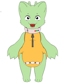 3_toes ambiguous_gender antennae_(anatomy) anthro big_diaper button_(fastener) clothing diaper feet front_view fur green_antennae green_body green_fur onesie open_mouth open_smile orange_onesie pushbutton simple_background smile snapsuit solo teeth toes white_background zipper padded_noxy glee_glorp_(boredomwithfriends) alien full-length_portrait portrait