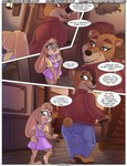 anthro blue_eyes brown_body brown_eyes brown_fur building chair clothing dialogue duo female fur furniture house inside nervous night pink_outfit red_outfit size_difference stairs text yellow_outfit paddedulf bear lagomorph leporid mammal rabbit comic