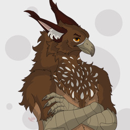 anthro asmodeus_lll beak black_ears brown_body brown_eyebrows brown_feathers brown_fur claws eyebrows feathers fur grey_beak grey_hands hand_on_chest ksan_(neevm) male nude orange_eyes solo toe_claws white_body white_feathers mythology avian gryphon mythological_avian mythological_creature absurd_res hi_res