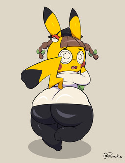 anthro big_butt breasts butt clothed clothing cosplay_pikachu_(costume) female female_anthro fur hair huge_butt huge_thighs looking_back medium_breasts nerd pokemorph simple_background solo tail thick_thighs wide_hips yellow_body yellow_fur ruimu_kiou nintendo pokemon pikachu_ph._d generation_1_pokemon mammal pikachu pokemon_(species) rodent absurd_res hi_res