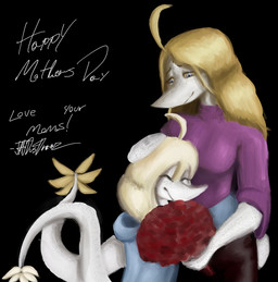 ahoge anthro black_background blonde_hair blue_clothing blue_hoodie blue_topwear bouquet clothing duo eyelashes eyes_closed female flower flower_bouquet freckled_face freckled_tail freckles grey_eyes hair holidays hoodie hug long_hair long_tail mature_anthro mature_female plant purple_clothing purple_sweater purple_topwear scales simple_background smile snout sweater tail tail_tuft text topwear tuft turtleneck white_body white_scales yellow_sclera joebamna cavemanon_studios mother's_day puppet_pals snoot_game judee tarja_(snoot_game) dinosaur prehistoric_species reptile saurischian scalie theropod troodon troodontid 2026 absurd_res digital_drawing_(artwork) digital_media_(artwork) english_text hi_res signature daughter_(lore) mother_(lore) mother_and_child_(lore) mother_and_daughter_(lore) parent_(lore) parent_and_child_(lore) parent_and_daughter_(lore)