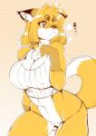 anthro big_breasts breasts cleavage clothed clothing curvy_figure eyebrows female fur hair midriff nipple_outline one_eye_closed open_mouth panties simple_background skimpy solo text underwear voluptuous wide_hips wink amakuchi foxy-rena canid canine fox mammal 2015 hi_res japanese_text translated