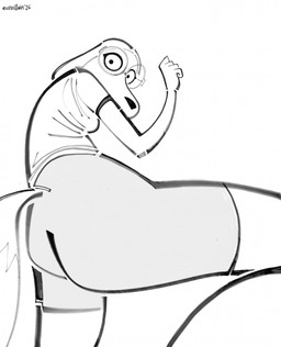 anthro bottomwear butt clothing eyewear glasses long_snout mouth_obstructed shorts snout stylized niedopalek illumination_entertainment sing_(movie) suki_lane canid canine canis domestic_dog hunting_dog mammal saluki sighthound 2026 black_and_white hi_res monochrome