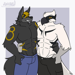 abs angry anthro beak big_muscles black_body black_fur bottomwear clothed clothing comparing denim denim_bottomwear denim_clothing duo fur grin jeans looking_at_viewer male male/male male_anthro muscular muscular_anthro muscular_male pants pecs smile topless topless_anthro topless_male white_body white_fur yellow_sclera fuchsiafeatherz accipitriform avian bird canid canine canis jackal mammal osprey 1:1 hi_res