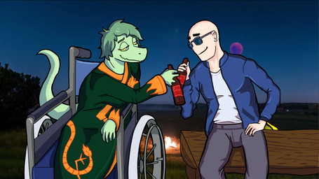 anthro asian_clothing bald beverage_bottle blue_clothing blue_jacket blue_topwear bottle bottomwear campfire canon_couple clothed clothed_anthro clothed_female clothed_human clothed_male clothing container detailed_background disability duo east_asian_clothing eyes_mostly_closed eyewear female fingers front_view grass green_body green_hair grey_bottomwear grey_clothing grey_eyes grey_pants hair happy holding_bottle holding_container holding_object human_on_anthro humanoid_hands interspecies jacket japanese_clothing kimono looking_at_another male male/female narrowed_eyes night open_clothing open_jacket open_topwear outside pants paraplegic photo_background plant romantic romantic_couple shirt short_hair sitting smile soda_bottle sunglasses tail topwear vehicle wheelchair white_clothing white_shirt white_topwear yellow_sclera sebek_fereh_ra cavemanon_studios i_wani_hug_that_gator inco_(iwhtg) olivia_halford baryonyx dinosaur human mammal prehistoric_species reptile saurischian scalie spinosaurid theropod colored hi_res photography_(artwork) shaded