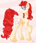 cutie_mark eyewear female feral fur glasses hair looking_back pattern_background purple_eyes quadruped red_hair simple_background solo tail yellow_body yellow_fur ratofdrawn friendship_is_magic hasbro my_little_pony twist_(mlp) earth_pony equid equine horse mammal pony digital_media_(artwork)