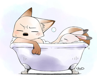 :3 ambiguous_gender anthro bath bathtub blush bubble claw_foot_bathtub duo eyes_closed fur predator/prey simple_background white_background rikuo_(artist) disney zootopia judy_hopps nick_wilde canid canine fox lagomorph leporid mammal rabbit red_fox true_fox 2016 signature