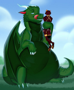2_horns anthro anthro_prey belly big_belly black_pawpads brown_body brown_fur claws day duo feral feral_pred fur grass green_body horn huge_belly imminent_vore larger_feral larger_pred licking licking_lips male male/male markings membrane_(anatomy) membranous_wings outside pawpads paws plant sitting size_difference sky smaller_anthro snout tail teeth tongue tongue_out vore white_claws wings yellow_markings orca24a mythology dragon mammal mythological_creature mythological_scalie procyonid raccoon scalie colored digital_drawing_(artwork) digital_media_(artwork) hi_res shaded