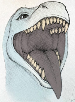 ambiguous_gender anthro blue_body breath fangs gaping grey_eyes grey_tongue jaws mouth_shot open_mouth solo teeth throat tongue arcdacad dinosaur prehistoric_species reptile saurischian scalie theropod tyrannosaurid tyrannosauroid tyrannosaurus tyrannosaurus_rex hi_res