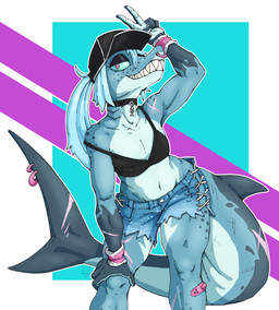 anthro armband athletic athletic_anthro athletic_female baseball_cap bikini bikini_top biped black_bra black_clothing black_underwear blue_body blue_hair bottomwear bra breasts choker clothed clothing collar eyeshadow facial_piercing female fin fin_piercing fingers flat_chested freckles furgonomics furry-specific_piercing gesture gills hair hand_gesture hand_on_leg hat headgear headwear hotpants jewelry leaning leaning_forward long_tail looking_at_viewer makeup multicolored_body navel necklace non-mammal_breasts non-mammal_navel nose_piercing nose_ring off_shoulder piercing raised_arm ring_piercing scar septum_piercing septum_ring shark_fin shark_tail shark_teeth shorts showing_teeth simple_background small_breasts smile smiling_at_viewer solo standing swimwear tail tail_fin teeth thick_tail thick_thighs topwear two-piece_swimsuit underwear v_sign roodyyelen jawlene_(herny) fish marine shark 2025 digital_drawing_(artwork) digital_media_(artwork) hi_res