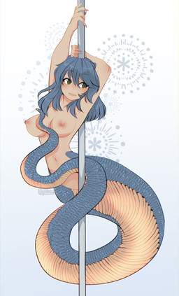 apode blue_body blue_hair blue_scales breasts dancing fangs female green_eyes hair legless long_hair looking_away navel nipples open_mouth pole pole_dancing raised_arm scales serpentine simple_background solo split_form teeth white_background lilytharts draconcopode humanoid lamia reptile scalie snake absurd_res hi_res