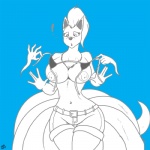 1:1 anthro assisted_exposure big_breasts blue_background bottomwear bra breasts broad_shoulders canid canine clothed clothing conditional_dnp curvy_figure digital_drawing_(artwork) digital_media_(artwork) disembodied_hand duo exclamation_point female generation_1_pokemon hourglass_figure mammal mane mature_anthro mature_female milftails monochrome multi_tail navel ninetales nintendo nipples pokemon pokemon_(species) shorts simple_background sketch solo_focus surprise tail underwear wide_hips zp92