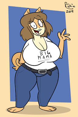 4_fingers anthro barefoot belt belt_buckle big_breasts biped blue_bottomwear blue_clothing blue_eyes blue_pants bottomwear breasts brown_hair buckle cleavage clothed clothed_anthro clothed_female clothing eye_through_hair eyebrow_through_hair eyebrows feet female fingers fur gesture hair hand_behind_back huge_breasts open_mouth open_smile pants shirt smile solo standing t-shirt tan_body tan_fur teeth text text_on_clothing text_on_t-shirt text_on_topwear toony tooth_gap topwear translucent translucent_hair waving white_clothing white_shirt white_t-shirt white_topwear smileyrichie june_(jinu) canid canine canis domestic_dog mammal shiba_inu spitz 2019 2:3 absurd_res dated digital_drawing_(artwork) digital_media_(artwork) english_description english_text full-length_portrait hi_res portrait signature