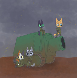 anthro battlefield black_body clothed clothing female green_clothing grey_background grey_body group male mud muddy orange_body outside simple_background standing tank_(vehicle) vehicle gooblie_2 calico_cat domestic_cat felid feline felis mammal absurd_res hi_res