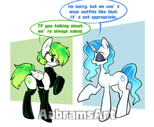 abstract_background black_clothing black_legwear black_stockings blue_eyeshadow blue_mane blue_tail clothing cutie_mark dialogue duo eyelashes eyes_closed eyeshadow feathered_wings feathers female feral fur green_eyes green_mane green_tail hooves horn latex latex_clothing latex_legwear latex_leotard latex_stockings legwear leotard long_mane long_tail makeup mane medium_mane medium_tail open_mouth stockings tail text unicorn_horn white_body white_fur wings aabramsart hasbro my_little_pony mythology fan_character equid equine mammal mythological_creature mythological_equine pegasus unicorn 2026 artist_name digital_drawing_(artwork) digital_media_(artwork) english_text hi_res watermark