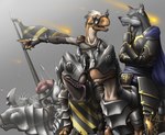 ambiguous_gender anthro armor battle body_armor combat_helmet feral feral_armor furgonomics group headgear helmet medieval melee_weapon military polearm riding soldier spear warrior weapon vader-san canid canine canis dinosaur dromaeosaurid mammal prehistoric_species reptile scalie theropod wolf 2009