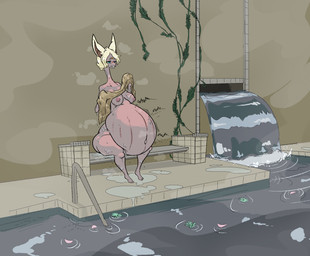 anthro bath bathhouse bathing belly bellyache big_belly bushy female huge_belly indigestion long_neck long_torso navel nipples nude overstuffed overweight overweight_female solo steam strained stretch_marks stuffing thick_thighs wide_hips sinfullapis nintendo tears_of_the_kingdom the_legend_of_zelda mineru mammal zonai hi_res