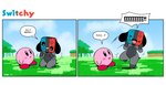 ambiguous_gender cloud dialogue duo grass humor motion_lines nude outside plant sky speech_bubble text tree xd joaoppereiraus kirby_(series) nintendo nintendo_switch kirby switch_dog switchy_(joaoppereiraus) animate_inanimate canid mammal waddling_head comic english_text hi_res signature