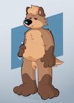 3_toes 4_fingers anthro beady_eyes belly belly_overhang belly_tuft black_nose brown_body brown_fur cheek_tuft chest_tuft countershade_face countershade_fur countershade_tail countershade_torso countershading deep_navel eyebrows facial_tuft featureless_crotch feet fingers fur hair hand_on_belly male navel navel_tuft nude open_mouth overweight overweight_anthro overweight_male simple_background smile smug snout solo standing tail tan_body tan_countershading tan_hair text three-quarter_view toes tuft gramgastronomy graham_(gramgastronomy) canid canine mammal cel_shading digital_media_(artwork) hi_res shaded unavailable_at_source