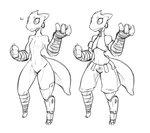 anthro bandage clothed clothing featureless_crotch female prosthetic prosthetic_leg prosthetic_limb pupils slit_pupils solo wide_hips teaspoon rut_(teaspoon) kobold scalie hi_res monochrome