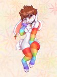 anthro arm_warmers armwear breasts brown_hair claws clothing ear_piercing ear_ring featureless_breasts female fur hair leg_warmers legwear lgbt_pride looking_at_viewer multicolored_arm_warmers multicolored_armwear multicolored_claws multicolored_clothing multicolored_leg_warmers multicolored_legwear multicolored_thigh_highs navel one_eye_closed piercing pride_color_arm_warmers pride_color_armwear pride_color_claws pride_color_clothing pride_color_leg_warmers pride_color_legwear pride_color_thigh_highs pride_colors rainbow_pride_colors ring_piercing seven-stripe_rainbow_pride_colors solo thigh_highs white_body white_fur wink winking_at_viewer yshanii skylar_despereaux lagomorph leporid mammal rabbit 2023 digital_media_(artwork) hi_res