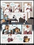 anthro aycee ben_(roanoak) brown_body brown_fur brown_hair canid canine clothed clothing comic dialogue duo english_text eyewear fur glasses hair hi_res male mammal maned_wolf mustelid musteline necktie red_eyes stoat text true_musteline url weasel white_body white_fur