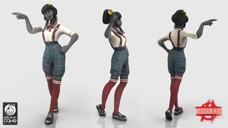 5_fingers anthro arms_bent black_clothing black_eyebrows black_footwear black_hair black_lips black_shoes blue_bottomwear blue_clothing blue_shorts bottomwear bow_tie breasts button_(fastener) claws clothing eyebrows eyelashes female female_anthro finger_claws fingers floppy_ears footwear fur grey_body grey_claws grey_eyes grey_fur hair hair_bun hand_on_hip hand_on_own_hip light lips logo long_ears lop_ears pattern_bottomwear pattern_clothing pattern_shorts plaid plaid_bottomwear plaid_clothing plaid_shorts pose red_bow_tie red_knee_socks shorts simple_background solo suspenders text turnaround white_background white_dress_shirt wireframe laurine_vire hacktag piece_of_cake_studios lagomorph leporid mammal rabbit 2018 3d_(artwork) autodesk_3ds_max_(artwork) colored digital_media_(artwork) english_description english_text hi_res lighting official_art shaded substance_painter_(artwork) zbrush_(artwork)