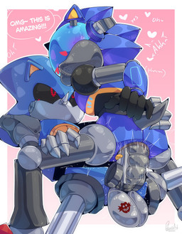 5_fingers anal anal_penetration anthro ball_tattoo balls black_sclera blue_body blush duo exclamation_point fingers genital_tattoo genitals gradient_background grey_body hand_on_butt hand_on_leg heart_symbol light looking_at_another looking_at_partner machine male male/male mechanical_penis mechanical_tail metallic_body motion_lines mouthless one_eye_closed penetration penis pink_background pointy_ears prick_ears red_eyes simple_background tattoo white_background polarisart netflix sega sonic_prime sonic_the_hedgehog_(series) chaos_sonic metal_sonic eulipotyphlan hedgehog mammal robot robot_anthro hi_res lighting shaded signature