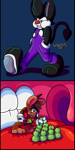 3_toes 4_fingers anthro apple big_feet big_pawpads big_tongue big_uvula cartoon_gloves cheek_bulge clothing feet fingers food fruit in_mouth inside_mouth male male/male mawplay overalls pawpads paws pear plant red_tongue shirt soles tail toes tongue toony topwear uvula vore whiskers wide_tongue marquis2007 herman_(marquis2007) roderick_(tamerkoh) imp lagomorph leporid mammal rabbit absurd_res alpha_channel comic hi_res