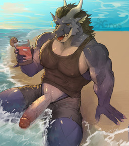 anthro beach beverage biceps big_penis black_hair blue_body boxers_(clothing) clothing countershading deltoids erection foreskin genitals glans hair horn huge_genitalia huge_penis humanoid_genitalia humanoid_penis male muscular muscular_male nipple_outline pecs penis public retracted_foreskin sand sea shirt sitting smile solo spikes tank_top tongue tongue_out topwear trapezius underwear vein veiny_penis water wave white_chest white_jaw white_penis yellow_eyes zagros mythology rykin dragon mythological_creature mythological_scalie scalie hi_res