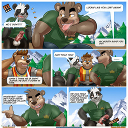 anthro balls big_balls big_bulge big_butt big_penis black_body black_fur blue_eyes bodily_fluids bottomless bottomless_male bulge butt clothed clothing collared_shirt cum cum_on_face dialogue erection erection_under_clothing fur genital_fluids genitals group hands_on_hips humanoid_genitalia humanoid_penis male mountain muscular muscular_anthro muscular_male orange_eyes outside penis polo_shirt safety_vest saliva shirt speech_bubble stroking_penis tan_body tan_fur text tongue tongue_out topwear vein veiny_penis vest white_body white_fur wiping_mouth work_uniform aaron_(artist) aiden_(aaron) justin_(aaron) bear beaver giant_panda mammal rodent ursine 2024 comic digital_media_(artwork) english_text hi_res url
