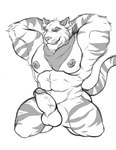 anthro armpit_fetish armpit_hair armpit_play arms balls blush body_hair erection genitals hands_behind_back kerchief knees_buckling male mascot meal muscular penis solo gerosandias081 frosted_flakes kellogg's tony_the_tiger felid mammal pantherine tiger hi_res