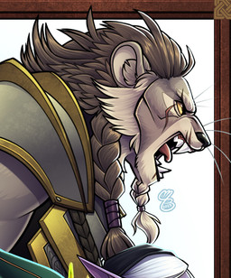 anthro armor beard braided_beard braided_hair braided_mane facial_hair facial_scar fangs_bared fur grey_body grey_fur hair male mane scar snarling solo tongue warrior yellow_eyes melbee critical_role dungeons_and_dragons hasbro magic:_the_gathering wizards_of_the_coast teor_pridesire felid leonin lion mammal pantherine