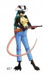 anthro areola biped black_body black_fur bottomwear breasts clothed clothing collar cowboy_hat denim denim_bottomwear denim_clothing female fur gun hair hat headgear headwear jeans nipples pants ranged_weapon solo standing topless weapon western ratofblades mammal murid murine rat rodent hi_res