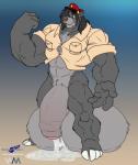 abs anthro balls biceps big_balls big_muscles big_penis biped black_hair bodily_fluids bottomless brown_eyes claws clothed clothing excessive_genital_fluids excessive_precum flaccid flexing foreskin fur genital_fluids genitals grey_body grey_fur grey_penis hair huge_balls huge_muscles huge_penis humanoid_genitalia humanoid_penis hyper hyper_balls hyper_genitalia hyper_penis jacket leaking long_hair male muscular muscular_anthro muscular_male partially_retracted_foreskin pecs penis precum precum_on_ground precum_pool precum_pooling precum_string solo standing tight_clothing toe_claws topwear wolfblade wuffamute disney talespin the_jungle_book baloo bear mammal sloth_bear ursine 2013 hi_res