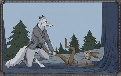 ambiguous_gender angry anthro axe black_ear_tips blue_eyes bottomless brown_eyes clothed clothing digitigrade dipstick_ears duo ear_markings fight forest forest_background fur leg_grab male medieval_clothing multicolored_ears nature nature_background plant predator/prey tree white_body white_fur garbagegarage elin_(garbagegarage) canid canine fox lagomorph leporid mammal rabbit hi_res story story_in_description female_(lore)
