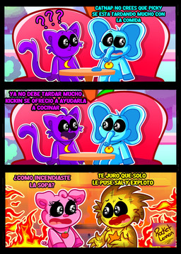 anthro blue_body female fire group male pink_body purple_body text yellow_body rocketlennon mob_entertainment poppy_playtime smiling_critters bubba_bubbaphant catnap_(poppy_playtime) kickinchicken pickypiggy avian bird chicken domestic_cat domestic_pig elephant elephantid felid feline felis galliform mammal phasianid proboscidean suid suine sus_(pig) absurd_res comic hi_res spanish_text