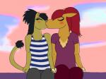 anthro blush claws clothed clothing cloven_hooves duo female female/female fur hand_holding hooves kissing markings mole_(marking) sunset crocodilianbooty lego ninjago nya_(crocodilianbooty) skylor_(crocodilianbooty) camelid felid lion mammal pantherine vicuna 4:3