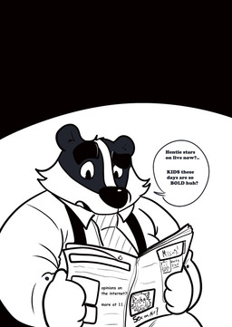 accessory anthro biped clothing dialogue humanoid_hands male necktie newspaper open_mouth overweight overweight_male reading reading_newspaper shirt simple_background solo suspenders text topwear rinhatsuyuki beastly_crimes beastly_crimes_(2024) chief_badger badger mammal mustelid musteline 2026 absurd_res english_text hi_res