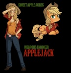 2011 alpha_channel alternate_species applejack_(mlp) blonde_hair blush clothing cowboy_hat cutie_mark dual_persona duo english_text equid equine female feral freckles friendship_is_magic fur green_eyes hair hasbro hat headgear headwear hi_res horse human humanized mammal my_little_pony orange_body orange_fur pony simple_background sitting square_crossover standing text the-orator transparent_background