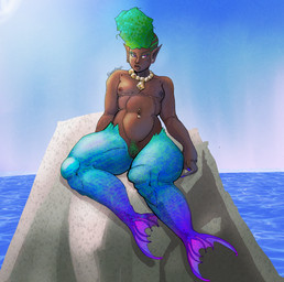 genitals gold_(metal) gold_jewelry green_hair hair intersex intersex/male jewelry male maleherm mermaid_tail nude pubes reclining sitting split_form tan_body vulva bosozokucat aquatic humanoid_merfolk merfolk absurd_res hi_res trans_(lore)